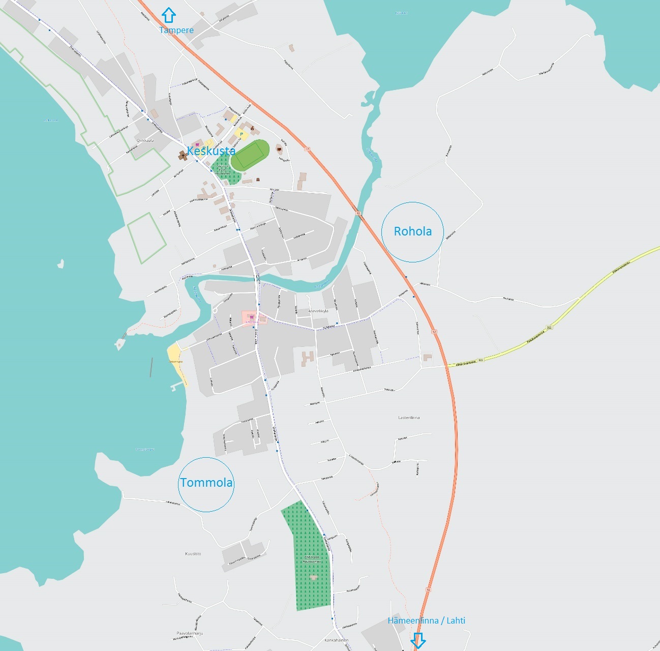 Kartta, josta käy ilmi Roholan ja Tommolan alueiden sijainnit aivan kuntakeskuksen läheisyydessä