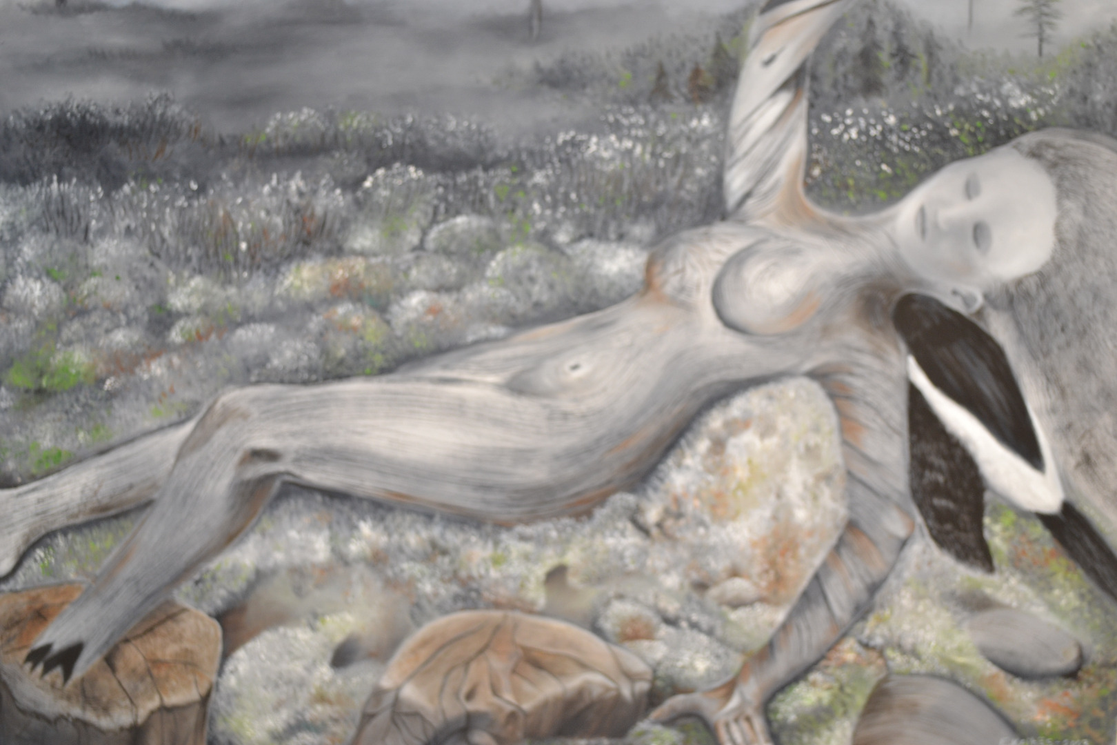 harmaasävyinen kuva metsässä makaavasta alastomasta naisesta
