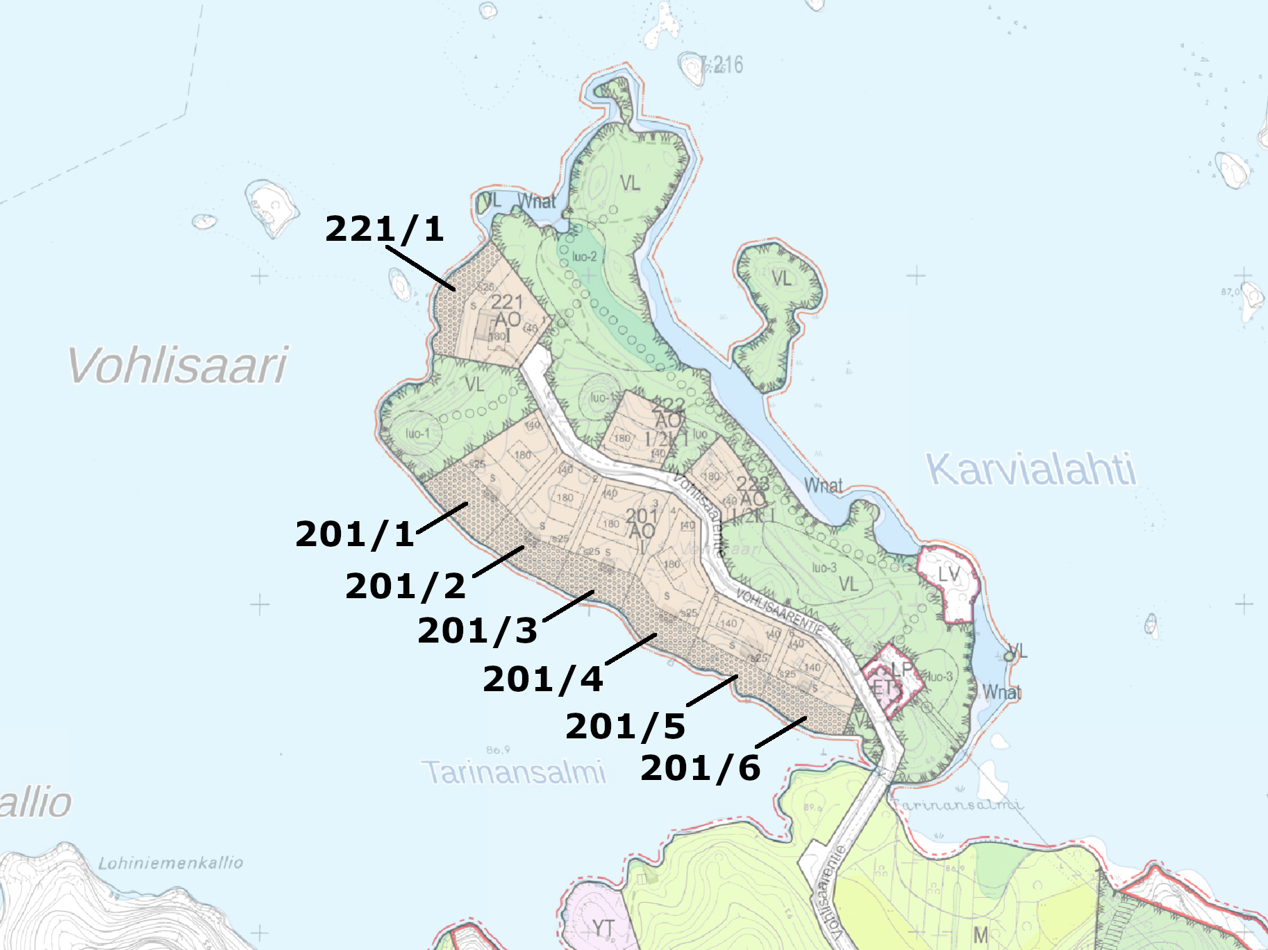 Myynnissä olevat tontit asemakaavakartalla.