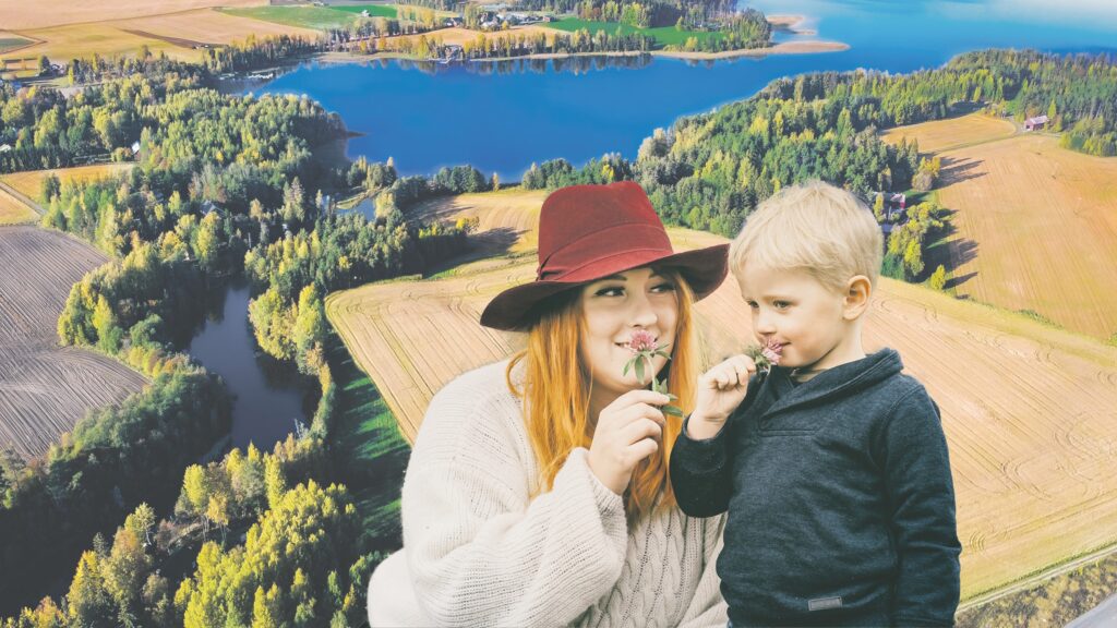 nainen ja poika, maisema taustalla
